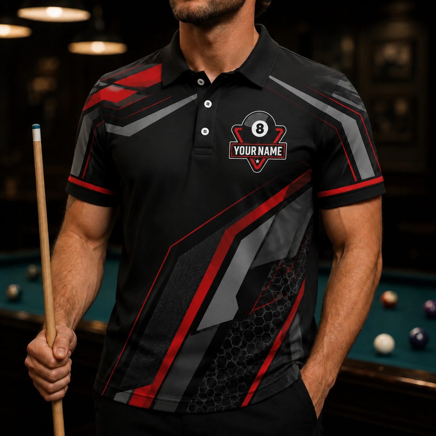 Custom 8 Ball Team Sport Personalized Billiard Polo Shirt Front View