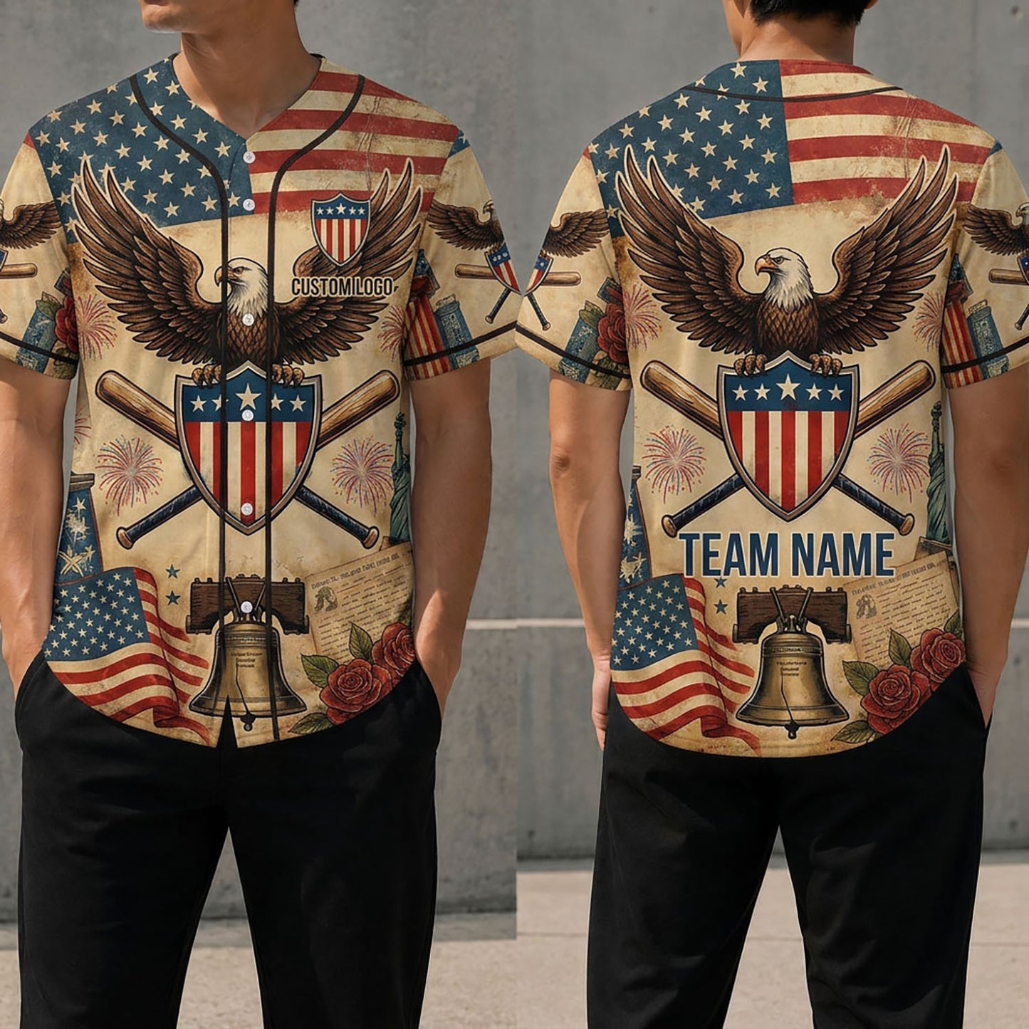Front and back view of a custom American flag baseball jersey featuring a bald eagle and Liberty Bell design, available for personalization with your team name
