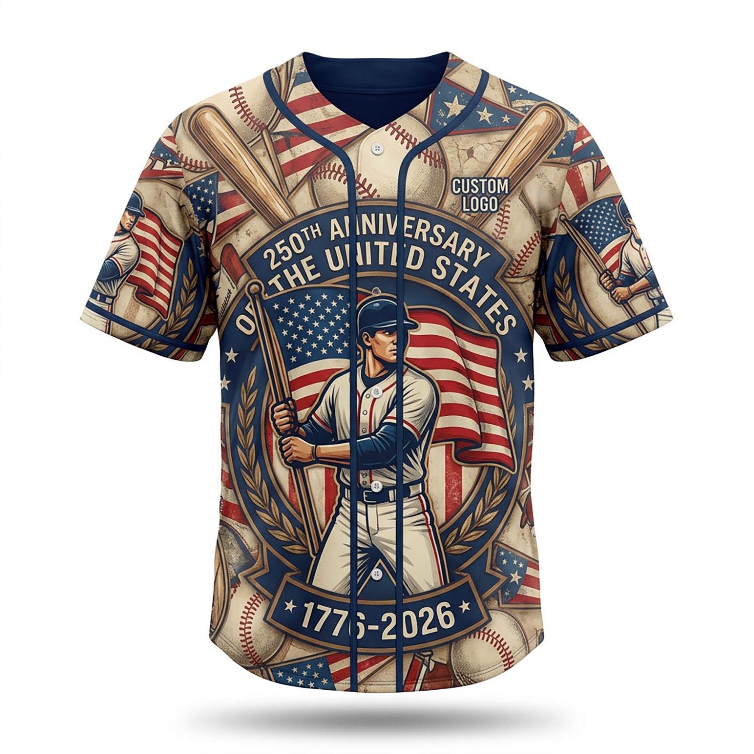 Full view of a custom baseball legend jersey featuring a classic player graphic and patriotic elements