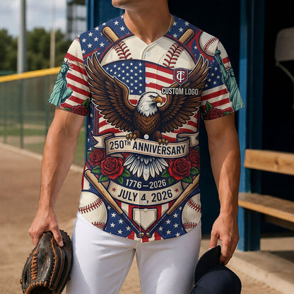 Front view of a man wearing a patriotic baseball legend jersey in a sports field setting, showing the custom logo placement