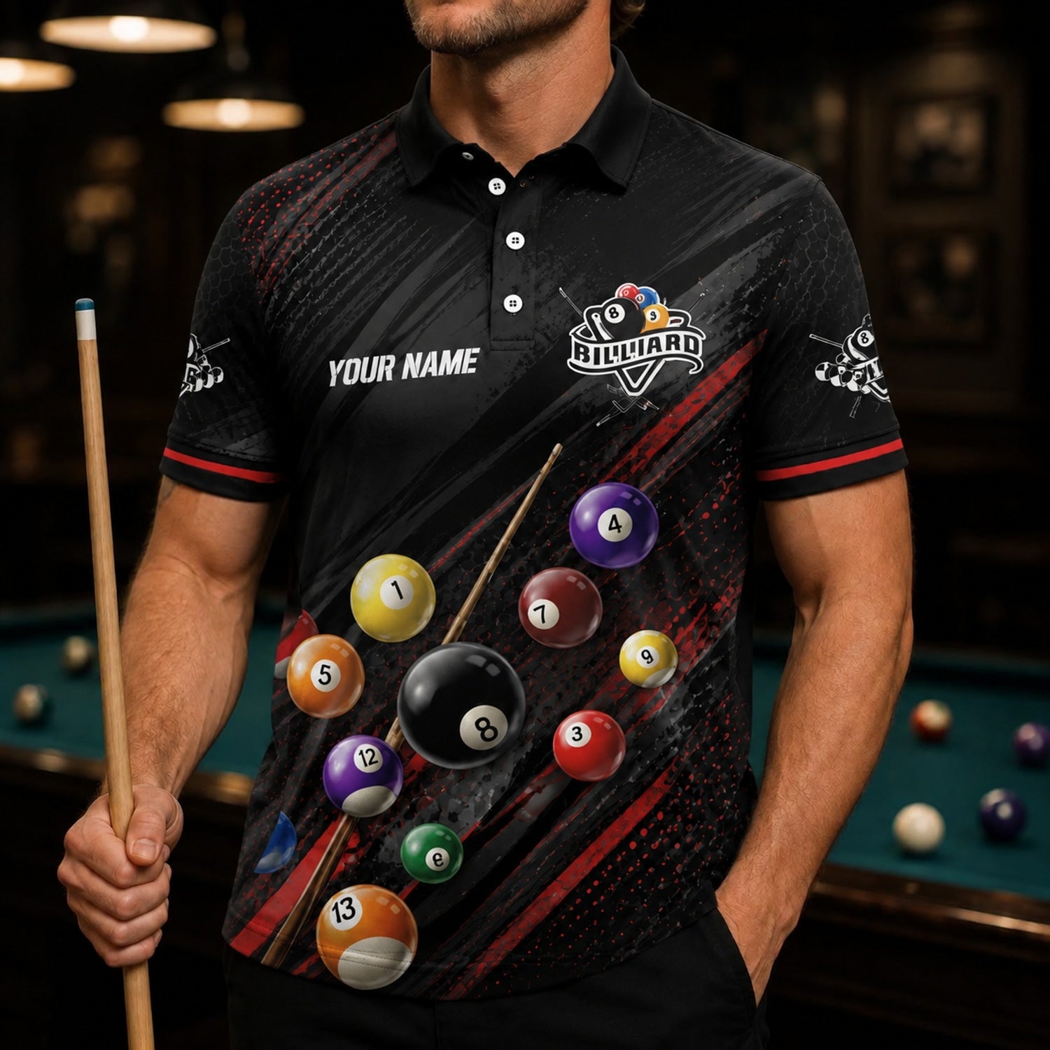 Custom Billiards Team Sport Personalized Billiard Polo Shirt Front View