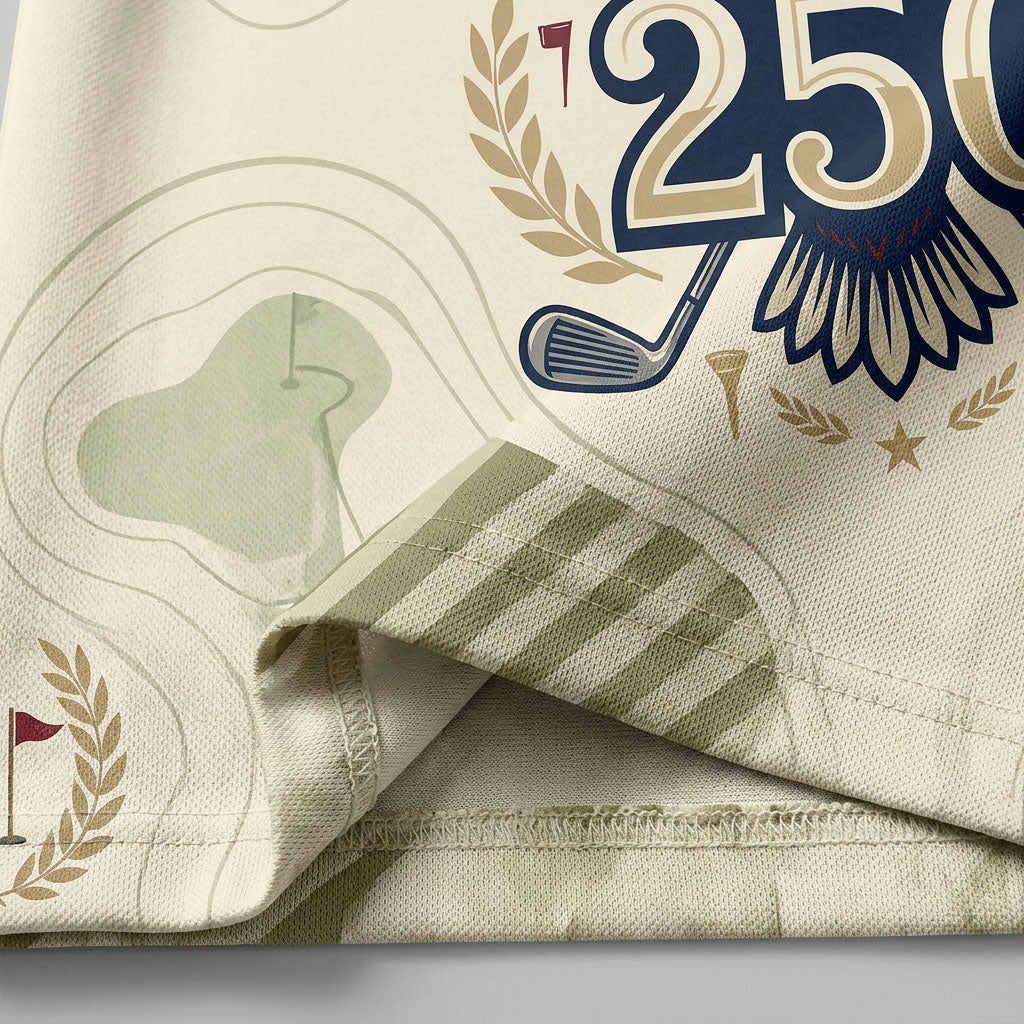 Close-up shot of the high-quality stitching and breathable fabric detail on the custom eagle 250 drive men's golf polo shirt.