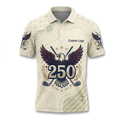 Flat lay product view of the custom eagle 250 drive men's golf polo shirt in cream color with custom logo placement.