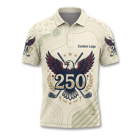 Flat lay product view of the custom eagle 250 drive men's golf polo shirt in cream color with custom logo placement.