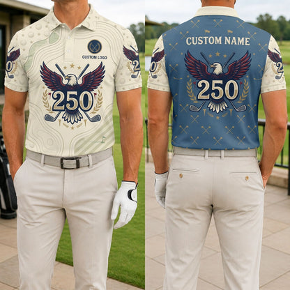 Front and back view of the custom eagle 250 drive men's golf polo shirt featuring an eagle design and personalized name on a blue and cream background.