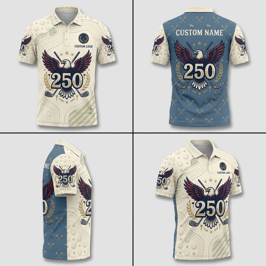 Multi-angle grid views including front, back, and side profiles of the personalized custom eagle 250 drive men's golf polo shirt.