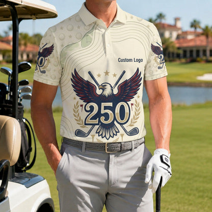 A male golfer wearing the custom eagle 250 drive men's golf polo shirt standing next to a golf cart on a sunny day.