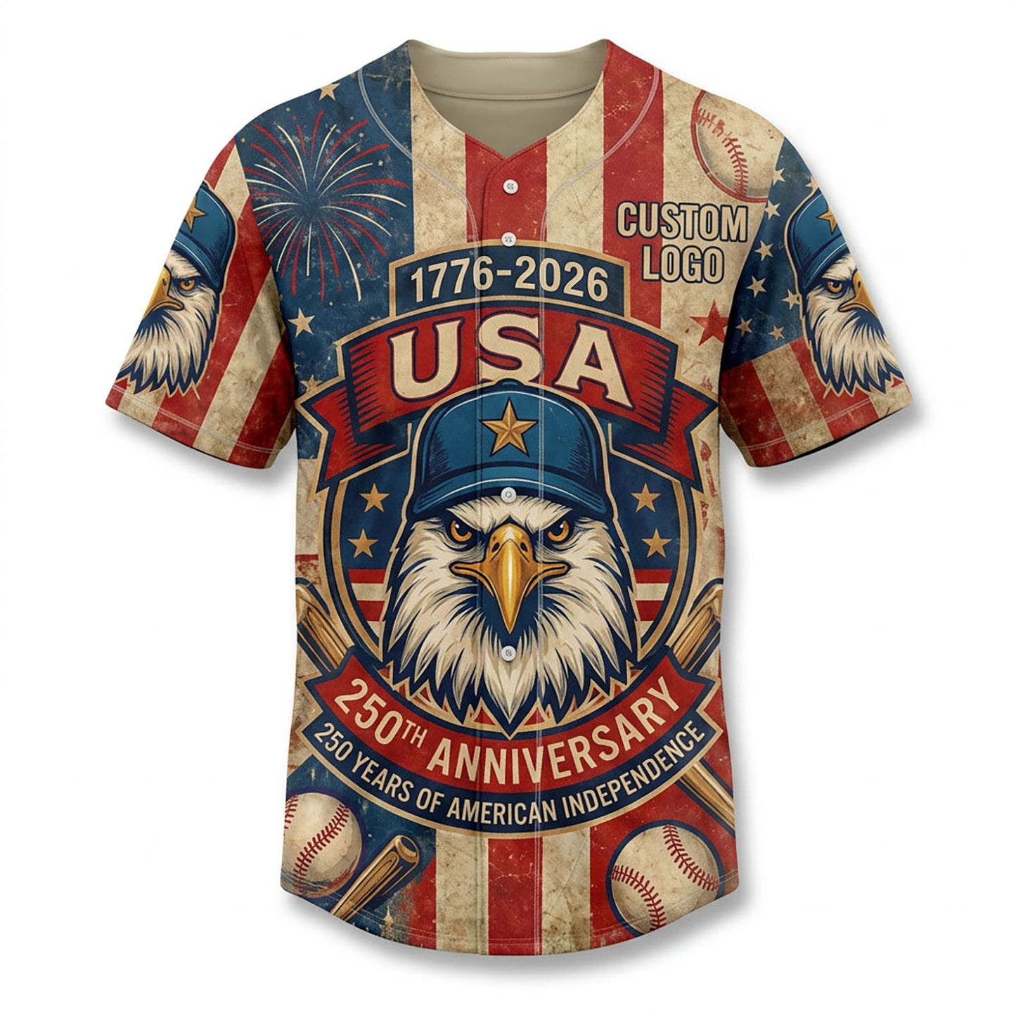 Full view of a custom patriotic baseball jersey with eagle and fireworks design