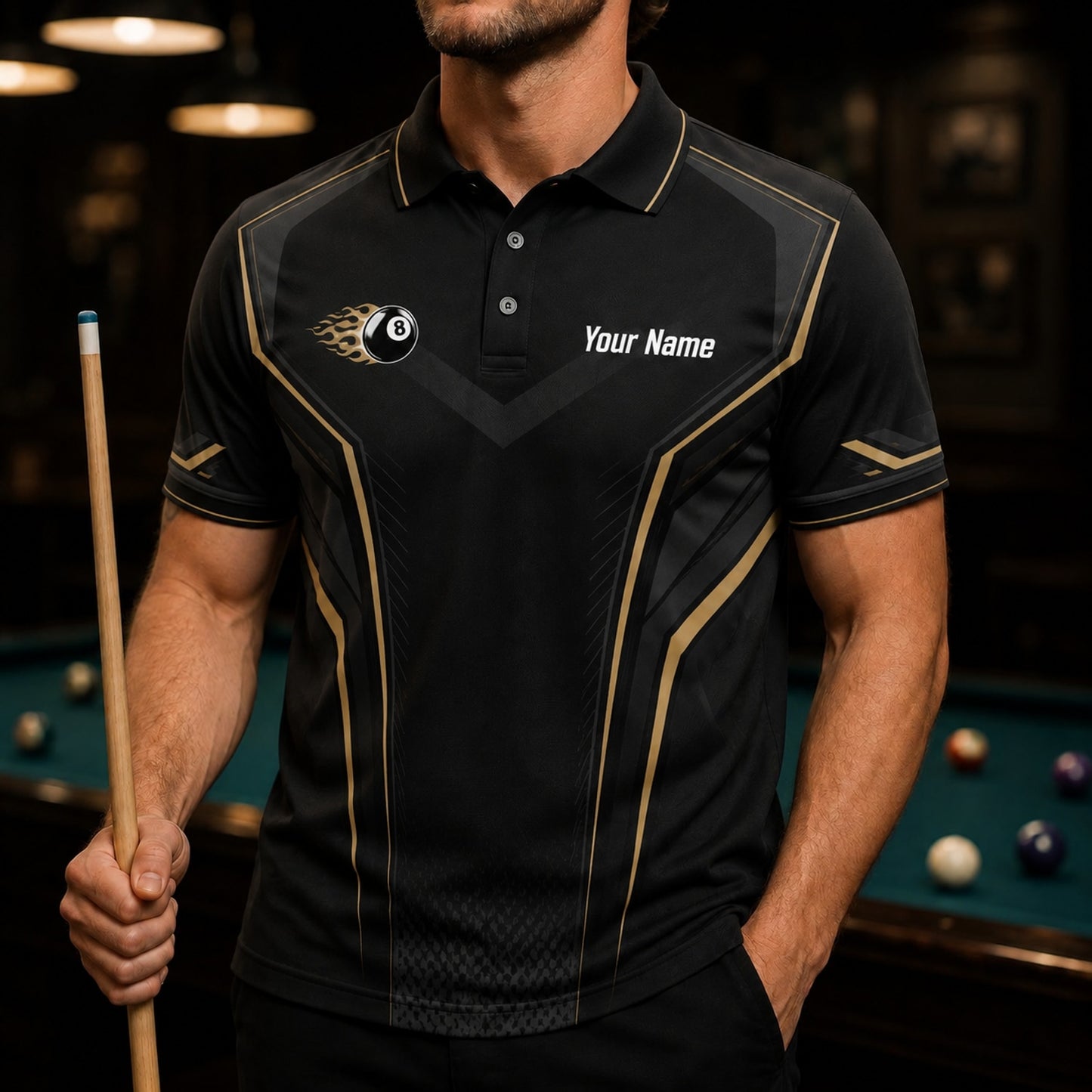 Custom Flaming 8 Ball Personalized Billiard Polo Shirt Front View