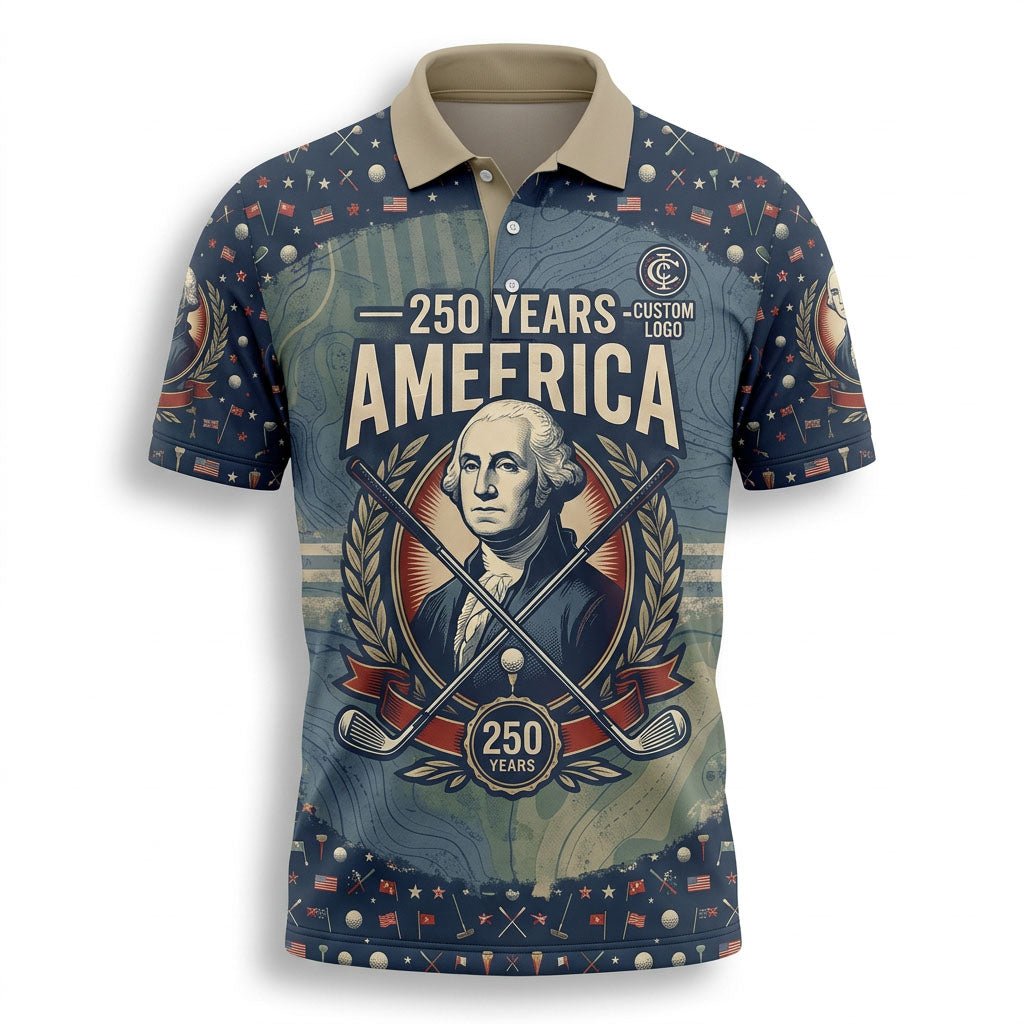 Professional flat lay view of the custom George Washington 250 years America patriotic golf polo shirt showcasing the bold central historical art.