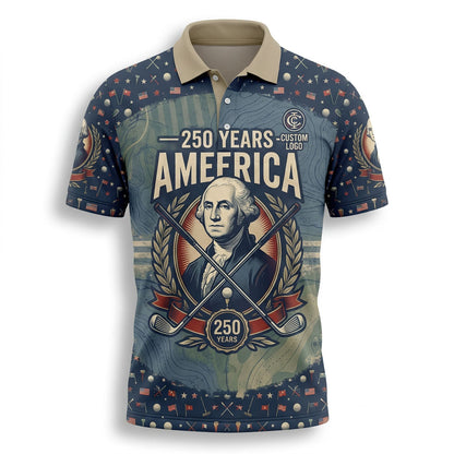 Professional flat lay view of the custom George Washington 250 years America patriotic golf polo shirt showcasing the bold central historical art.