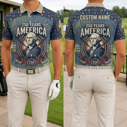 Front and back view of the custom George Washington 250 years America patriotic golf polo shirt showing the founding father portrait badge.