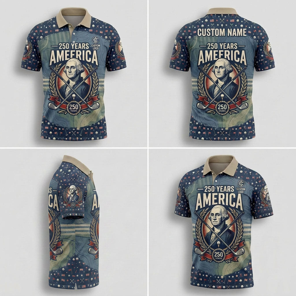 Four-angle presentation grid showing front, back, and side profiles of the personalized George Washington 250 years America golf polo shirt.