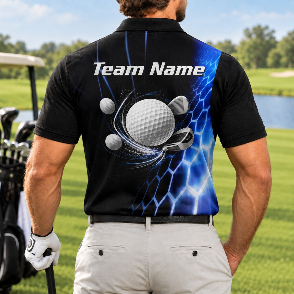 Custom Golf Ball Clubs Golf Polo Shirt Back View