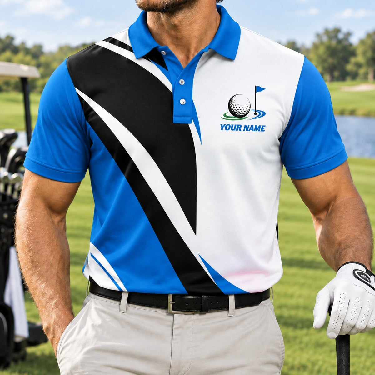 Custom Golf Ball Flag Golf Polo Shirt Front View