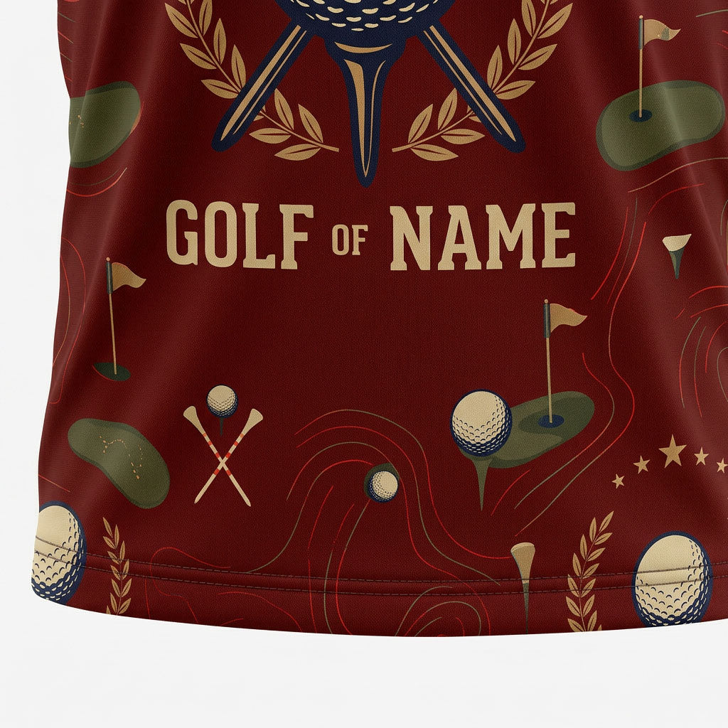 Closeup detail of red golf polo shirt featuring golf ball pattern