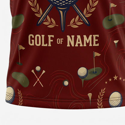 Closeup detail of red golf polo shirt featuring golf ball pattern