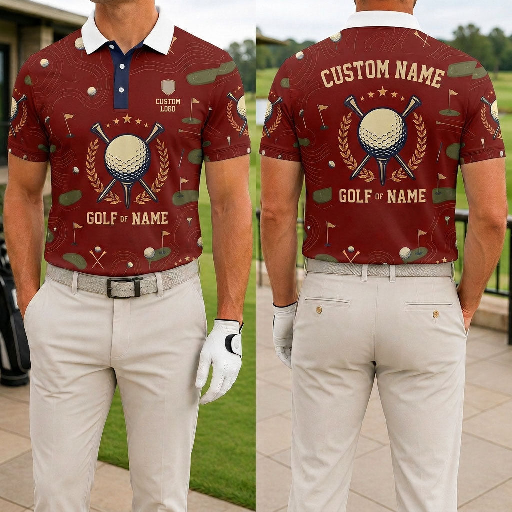 Front and back view of custom golf polo shirt with name and logo