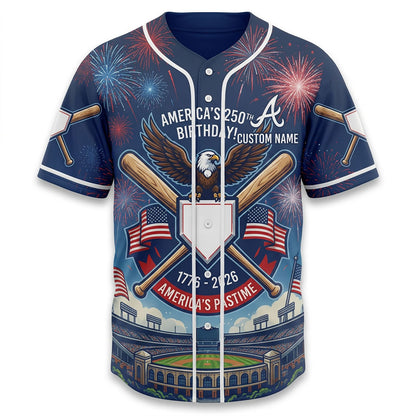 Isolated Front View Of A Custom Name Baseball Shirt Highlighting The Patriotic Eagle Emblem And Stadium Background