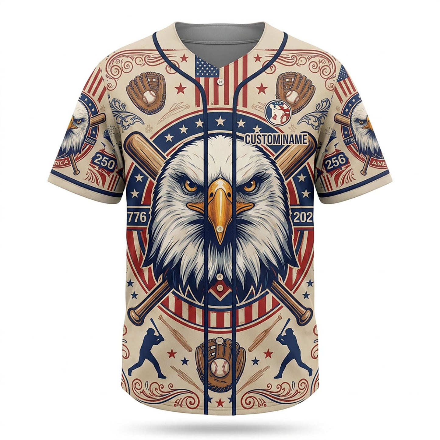 Isolated Front View Of A Custom Name Baseball Shirt Highlighting The American Eagle And Baseball Glove Design Elements