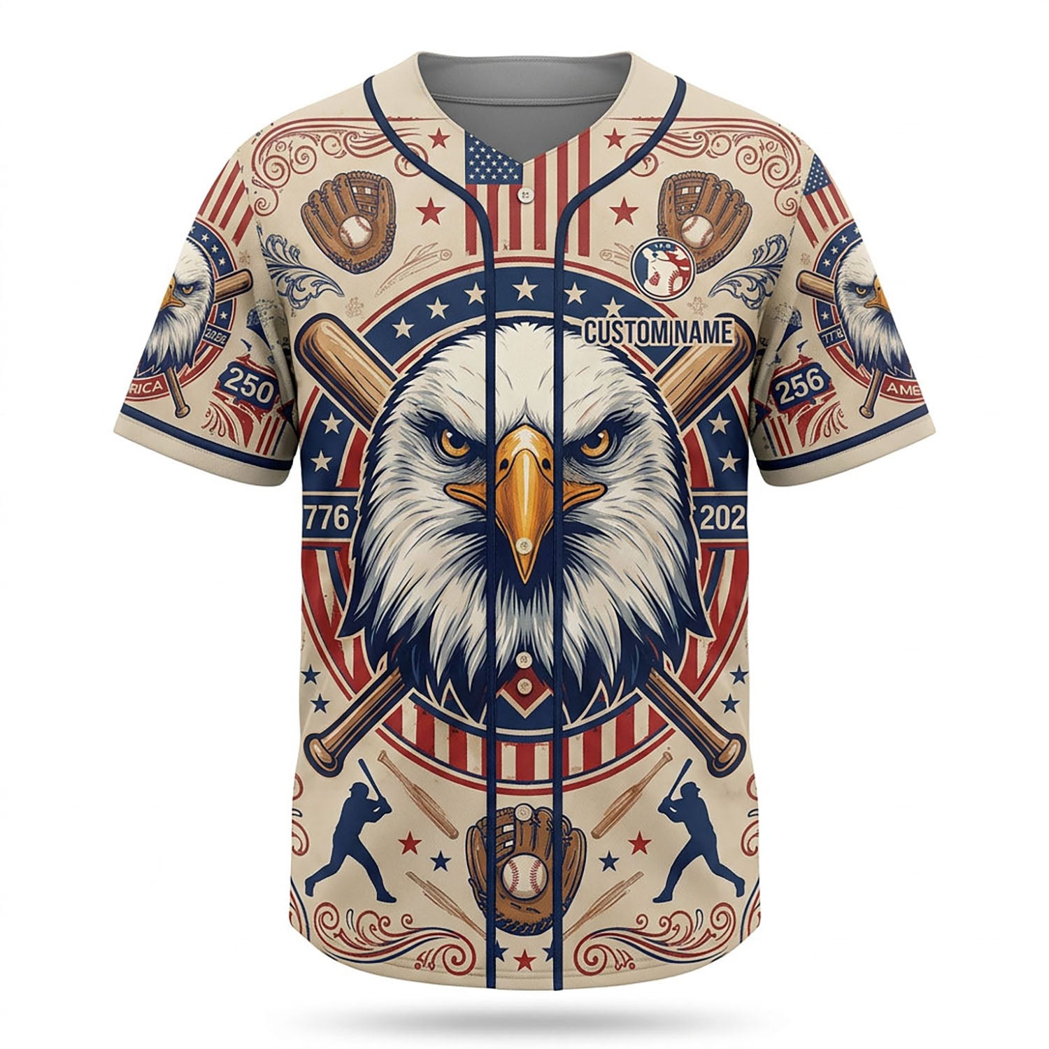 Isolated Front View Of A Custom Name Baseball Shirt Highlighting The American Eagle And Baseball Glove Design Elements