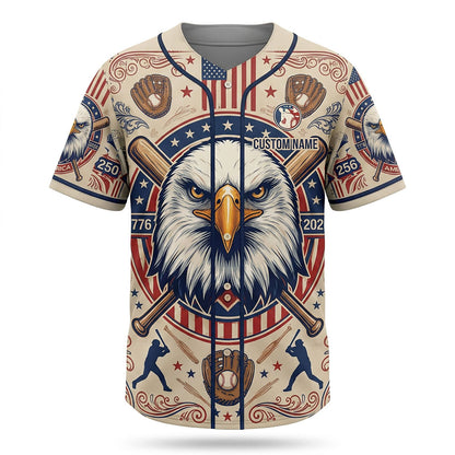 Isolated Front View Of A Custom Name Baseball Shirt Highlighting The American Eagle And Baseball Glove Design Elements