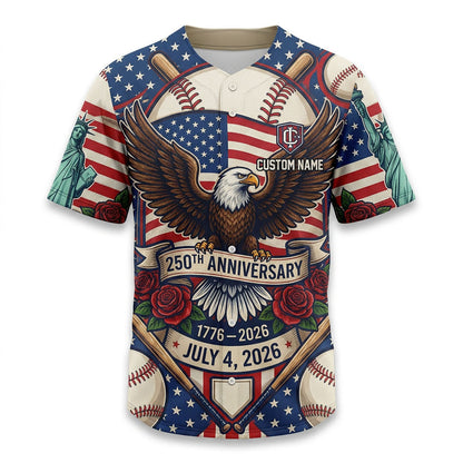 Isolated front view of a custom-name baseball shirt with American flag, eagle, and baseball bat graphics