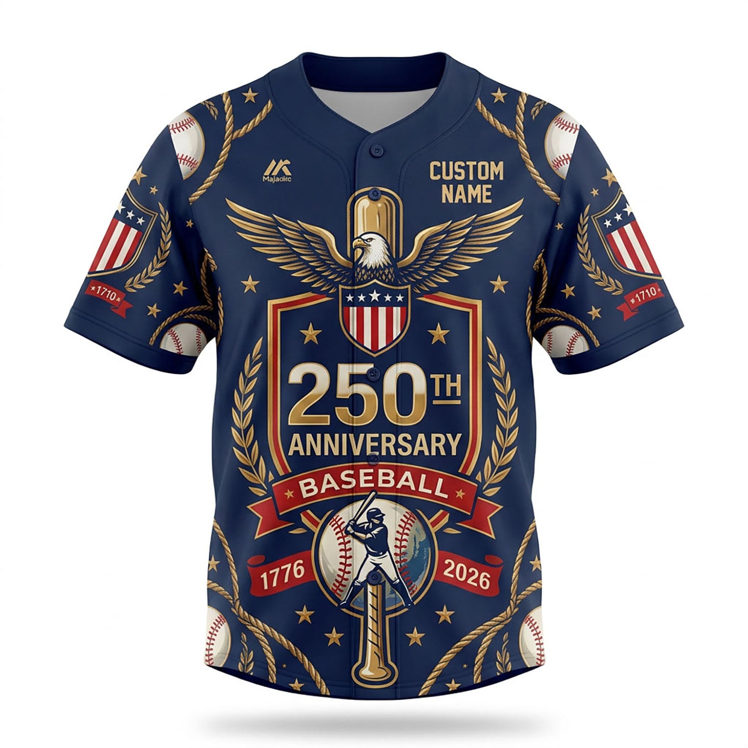 Isolated Front View Of A Custom Name Baseball Shirt Highlighting The Patriotic Shield Emblem And Baseball Design Elements