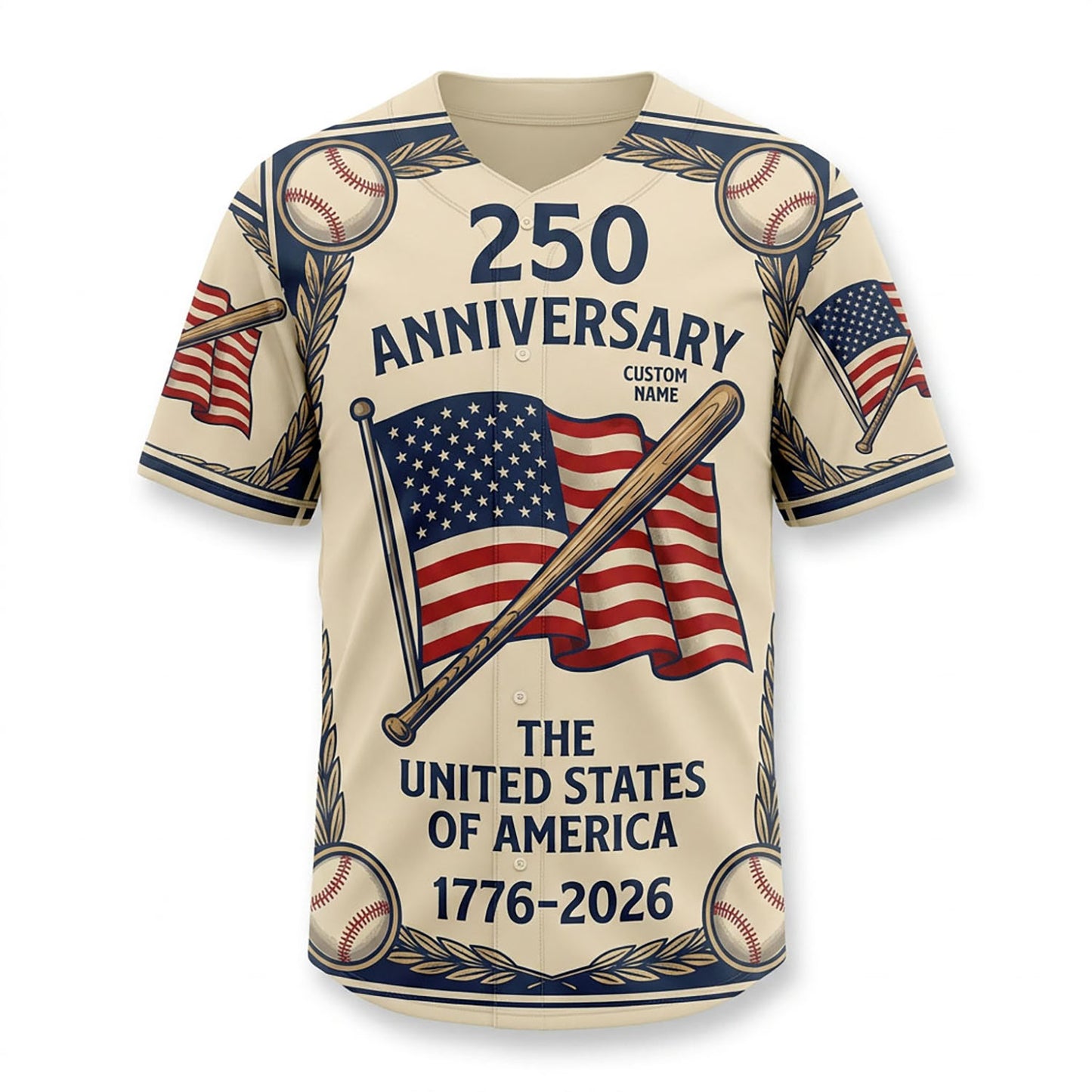 Isolated front view of a custom-name baseball shirt displaying the American flag and baseball bat design elements