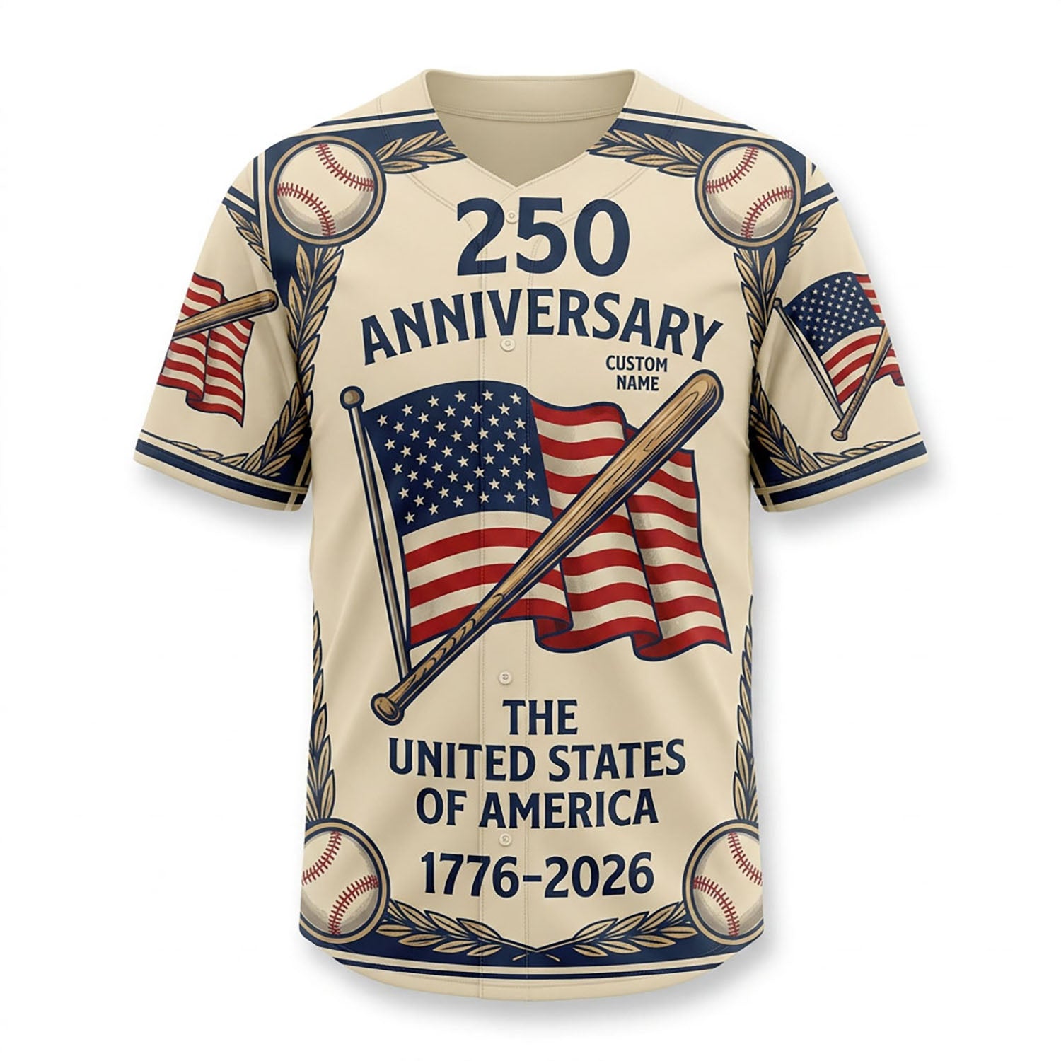 Isolated front view of a custom-name baseball shirt displaying the American flag and baseball bat design elements