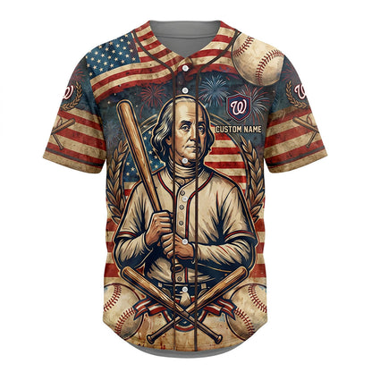 Isolated Front View Of A Custom Name Baseball Shirt Highlighting The Patriotic Franklin And Baseball Design Elements