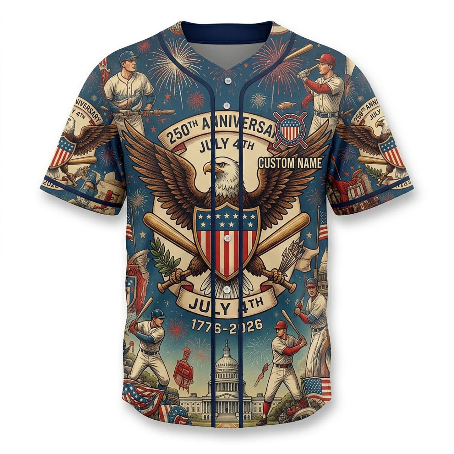 Isolated Front View Of A Custom Name Baseball Shirt Highlighting The Patriotic Eagle Emblem And Detailed Baseball Illustrations