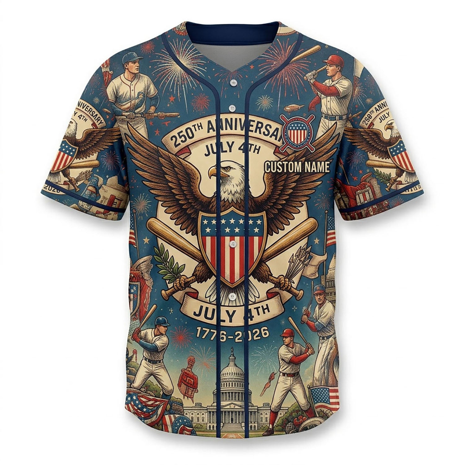 Isolated Front View Of A Custom Name Baseball Shirt Highlighting The Patriotic Eagle Emblem And Detailed Baseball Illustrations