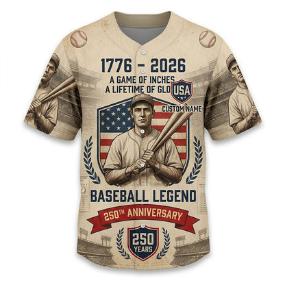 Isolated Front View Of A Custom Name Baseball Shirt Highlighting The "A Game Of Inches" Quote And Legend Design