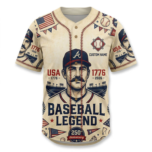 Isolated Front View Of A Custom Name Baseball Shirt Highlighting The "Baseball Legend" And Commemorative Anniversary Badge