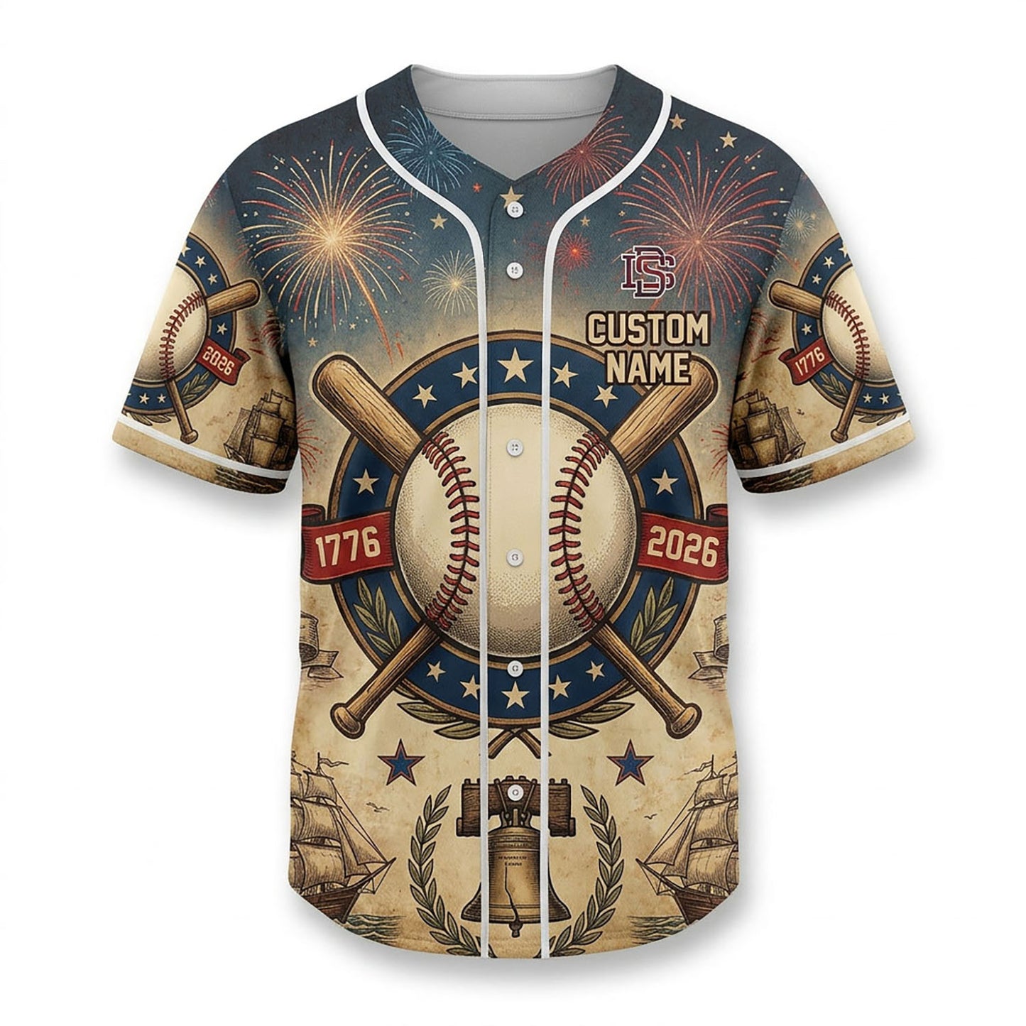 Isolated Front View Of A Custom Name Baseball Shirt Highlighting The Patriotic Liberty Bell And Baseball Design Elements