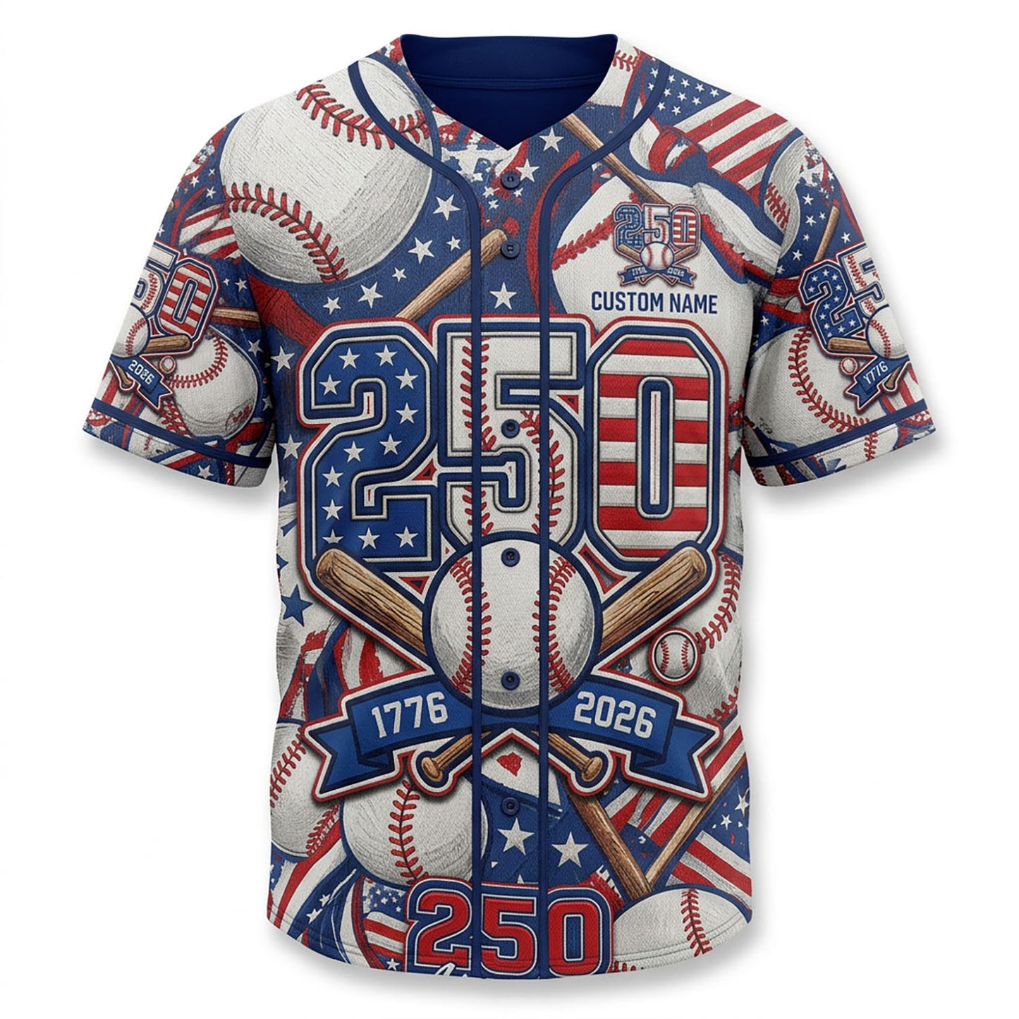 Isolated Front View Of A Custom Name Baseball Shirt Highlighting The Large Patriotic 250 Numbering And Baseball Design