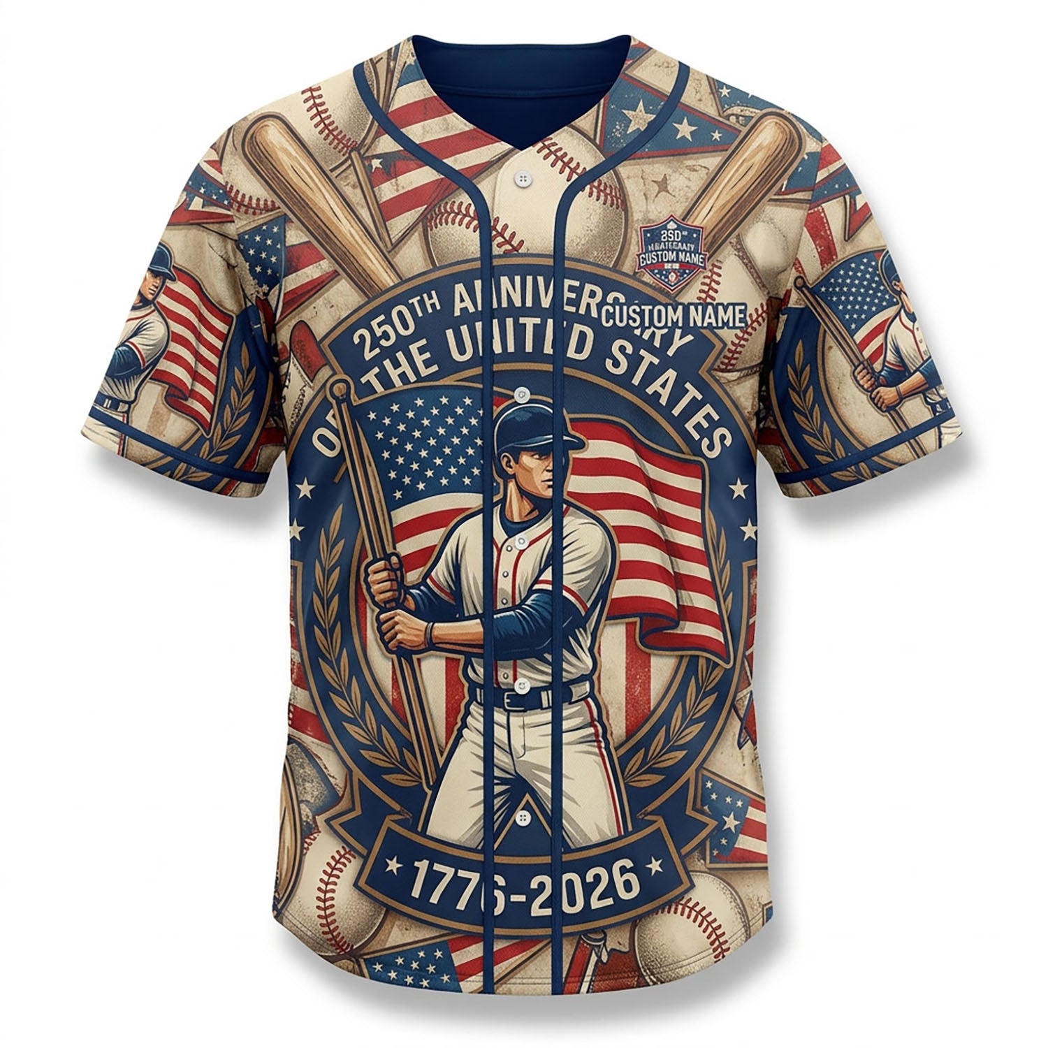 Isolated Front View Of A Custom Name Baseball Shirt Highlighting The Baseball Player And American Heritage Design