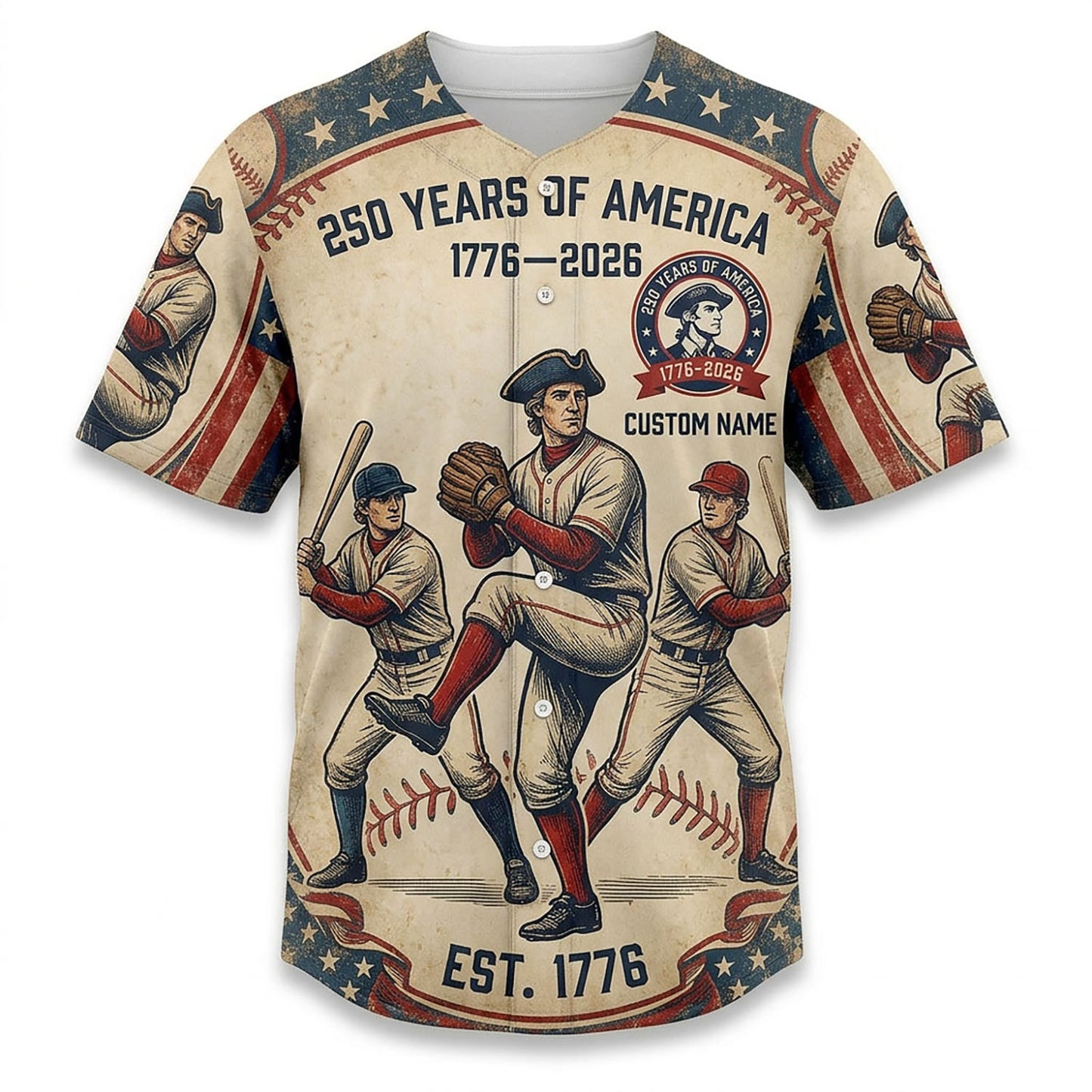 Isolated Front View Of A Custom Name Baseball Shirt Highlighting The Historical Revolutionary Era Baseball Design