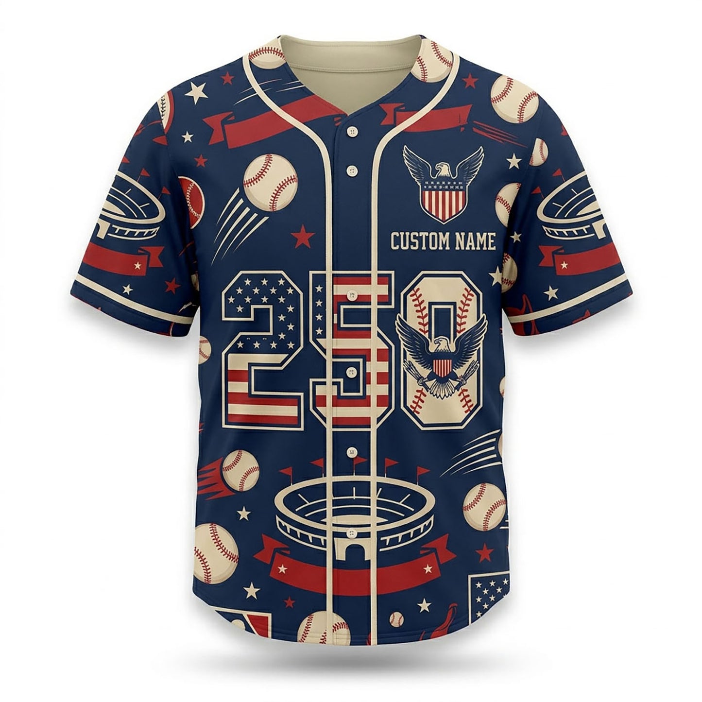 Isolated Front View Of A Custom Name Baseball Shirt Highlighting The Stadium And 250th Anniversary Design Elements