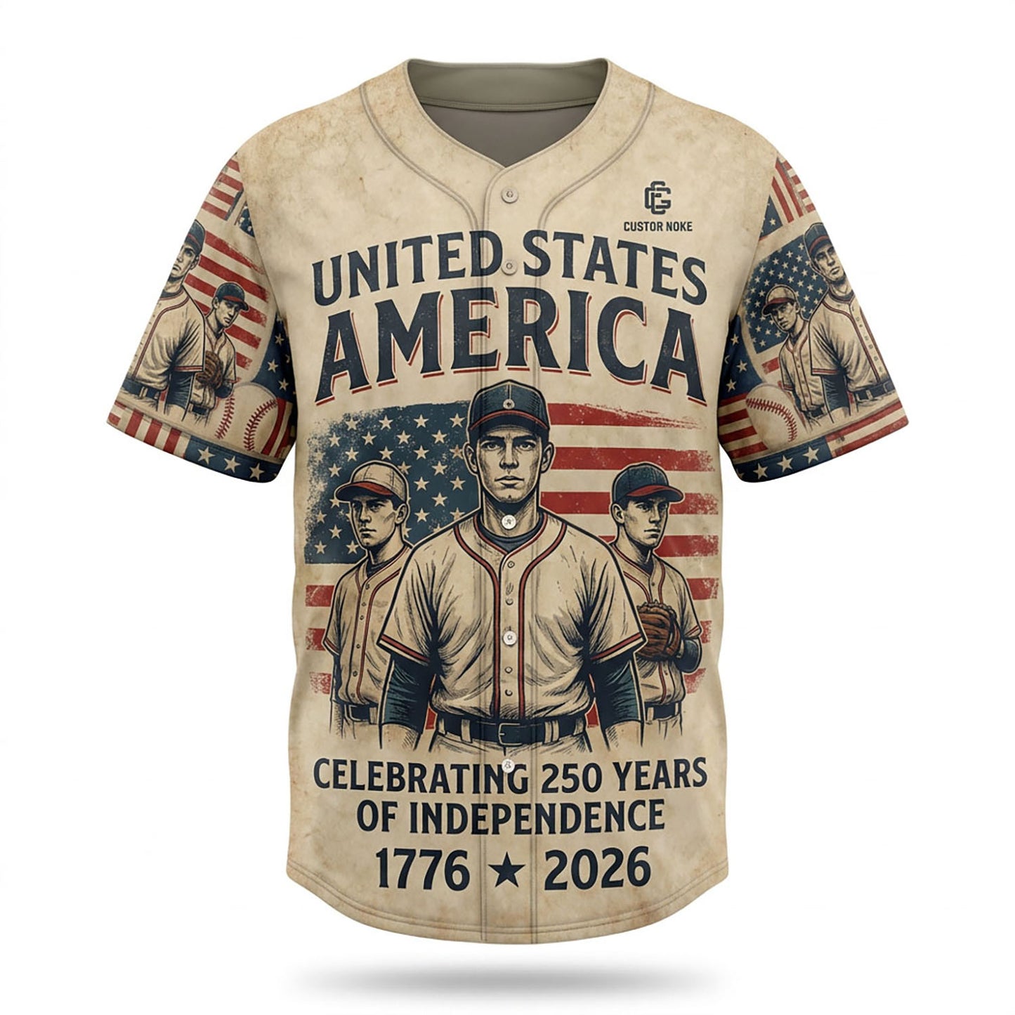 Isolated Front View Of A Custom Name Baseball Shirt Highlighting The Vintage Player Illustration And Aged Parchment Background