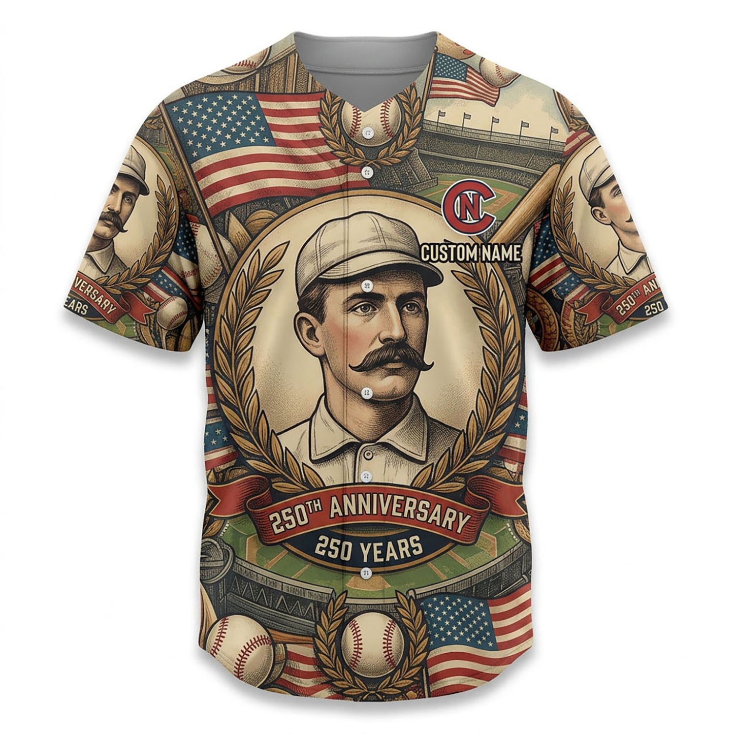Isolated Front View Of A Custom Name Baseball Shirt Highlighting The Classic Portrait And American Flag Design Elements