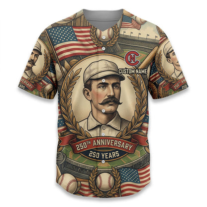 Isolated Front View Of A Custom Name Baseball Shirt Highlighting The Classic Portrait And American Flag Design Elements
