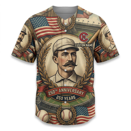 Isolated Front View Of A Custom Name Baseball Shirt Highlighting The Classic Portrait And American Flag Design Elements