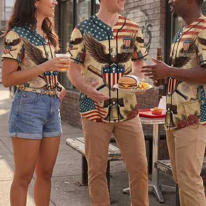 A group of people wearing custom-designed patriotic baseball jerseys with American eagle graphics in a casual outdoor setting