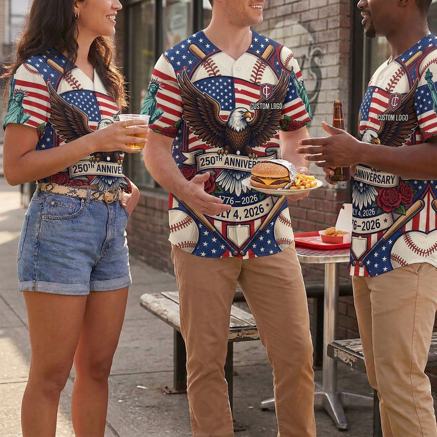 Full apparel view of the patriotic USA baseball jersey with eagle, Liberty statue, and commemorative July 4, 2026 text