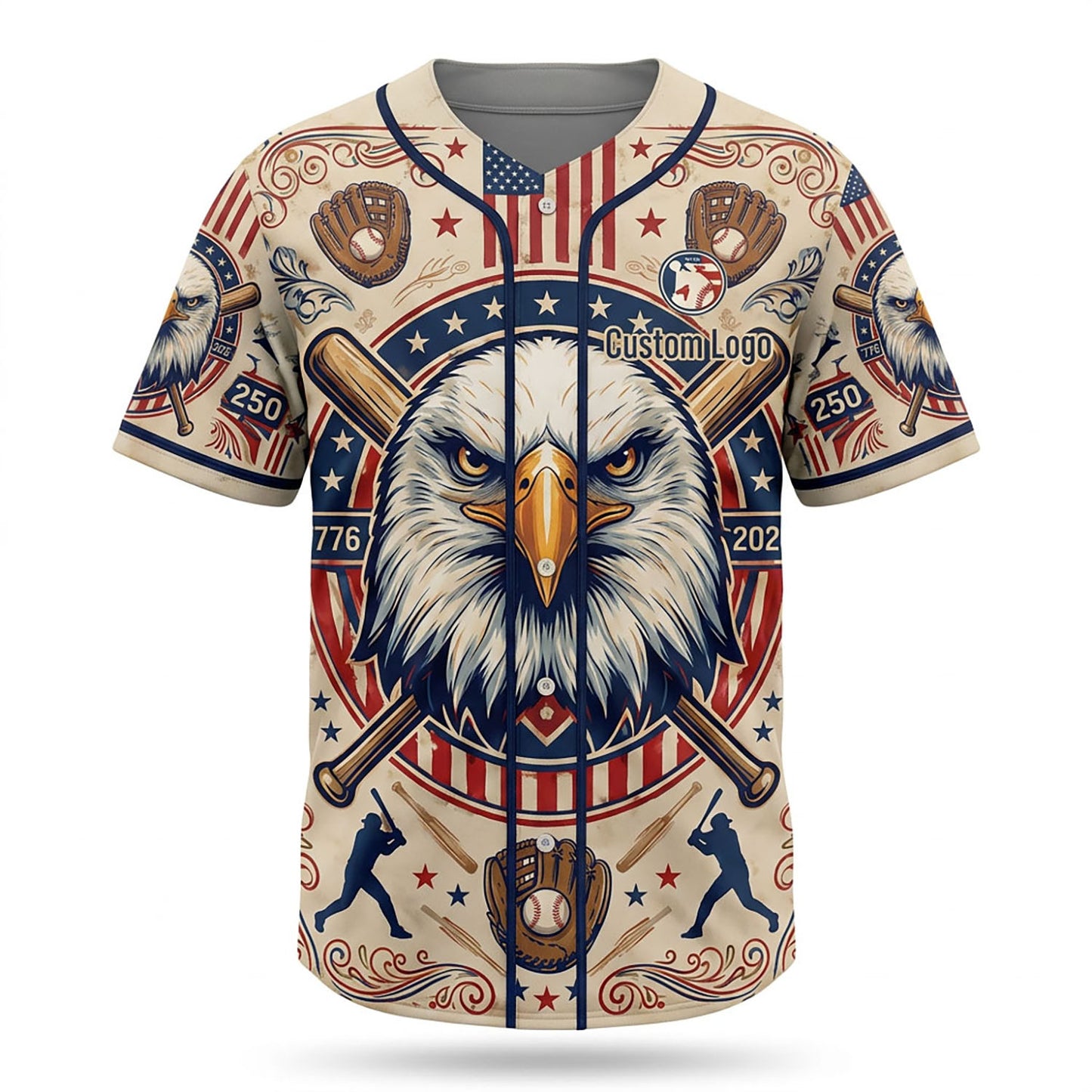 Full view of a custom patriotic baseball jersey with a bald eagle centerpiece and American flag elements