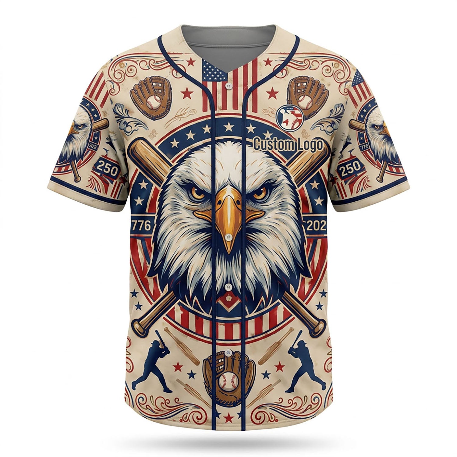 Full view of a custom patriotic baseball jersey with a bald eagle centerpiece and American flag elements