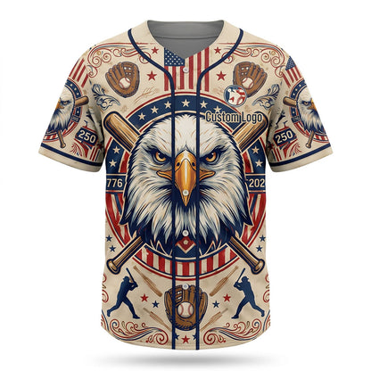 Full view of a custom patriotic baseball jersey with a bald eagle centerpiece and American flag elements