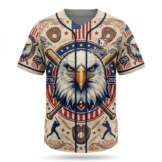 Full view of a custom patriotic baseball jersey with a bald eagle centerpiece and American flag elements